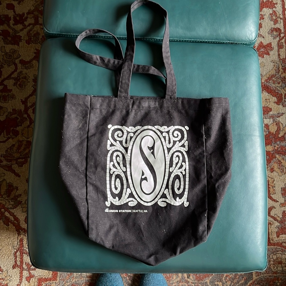 Black cotton tote bag Art Deco “S” initial Historic Union Station Seattle WA